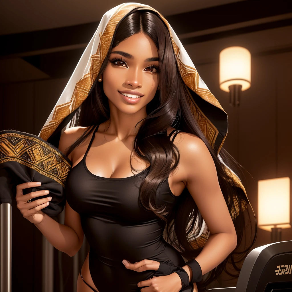 Brazilian woman, with vibrant light brown eyes, 25 years old, long straight black hair, indigenous features, dark skin, in tight clothes, running on the treadmill, in sensual pajamas, medium breasts.