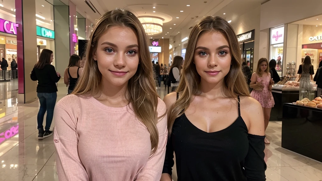 Lily Bowman), posing, modeling, with pink casual outfit design, full body, mall, in the night, sexy smile, best quality, blur night background with Green Eyes, , Ultra Realistic, Meticulously Detailed, Portrait, Blonde Hair and Big Eyes, Selfie of a Young Woman, Green Eyes, No Makeup, Natural Makeup, Looking Directly at the Camera, face artgram, subtle make-up, Impressive photo, stand, with sexy smile, Medium and large size chest, allowing the face to be seen clearly, mall, night.