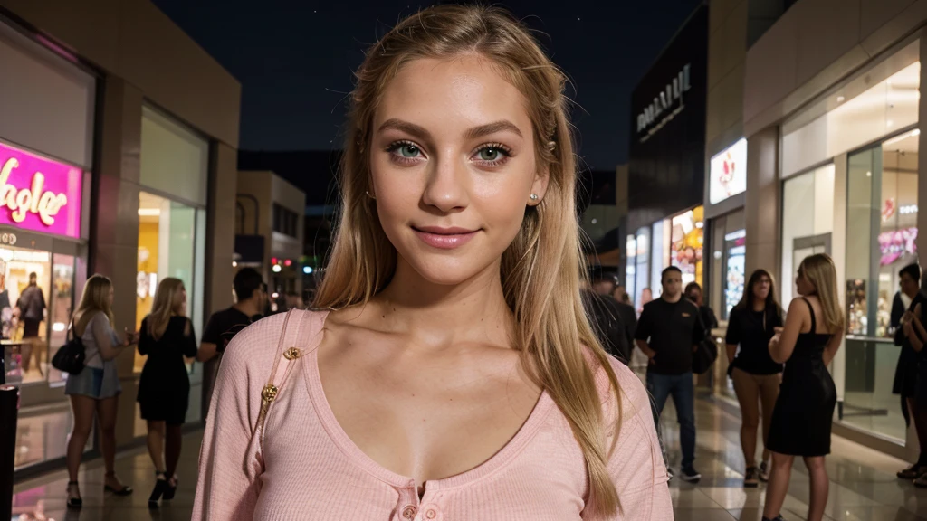 Lily Bowman), posing, modeling, with pink casual outfit design, full body, mall, in the night, sexy smile, best quality, blur night background with Green Eyes, , Ultra Realistic, Meticulously Detailed, Portrait, Blonde Hair and Big Eyes, Selfie of a Young Woman, Green Eyes, No Makeup, Natural Makeup, Looking Directly at the Camera, face artgram, subtle make-up, Impressive photo, stand, with sexy smile, Medium and large size chest, allowing the face to be seen clearly, mall, night.
