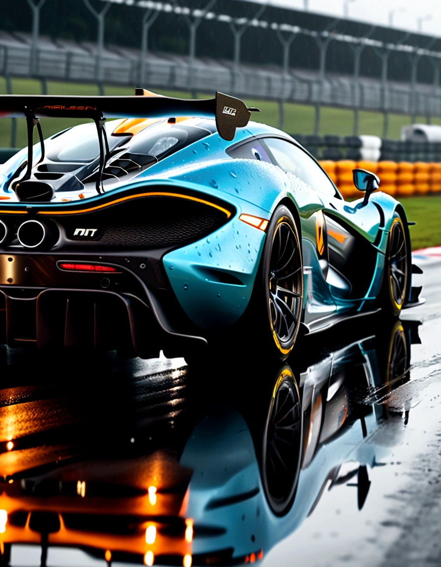 a highly detailed cinematic rear view of a mclaren p1 gtr supercar on a wet racetrack, ultra-detailed, 8k, photorealistic, dramatic lighting, gloomy atmosphere, water splashing, reflections, mclaren p1 gtr, wet asphalt, racetrack, cinematic, dramatic, photorealistic, 8k, high quality