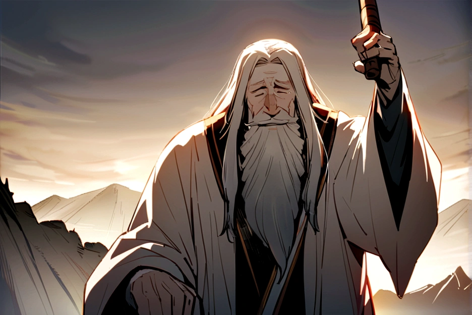 ((One male))、elder、Immortal、One elderly man、Long beard、Chinese、Cane in one hand、Full body portrait、Misty Mountains、laughing、White kimono