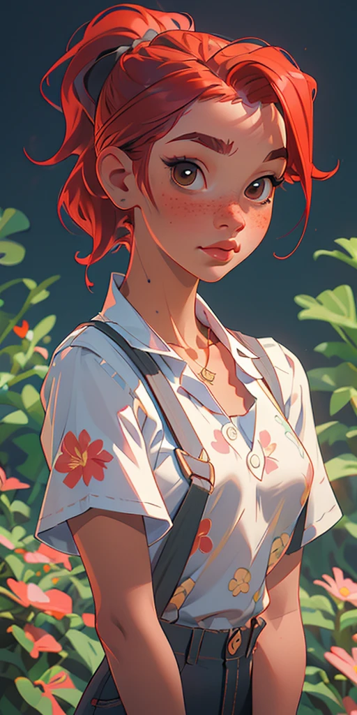 (masterpiece, best quality), 1girl, collarbone, wavy hair, looking at viewer, blurry, upper body, necklace, suspenders, floral print, ponytail, freckles, red hair, sunlight,