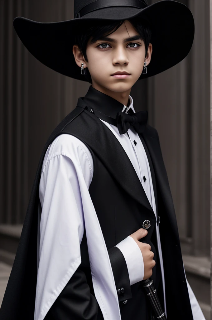 a boy with a defiant and dominant look, black dress, with black hair and purple eyes, that has a black hat and earrings with satanic crosses, who has piercings and a white shirt with a black coat, black tie and back of the swords