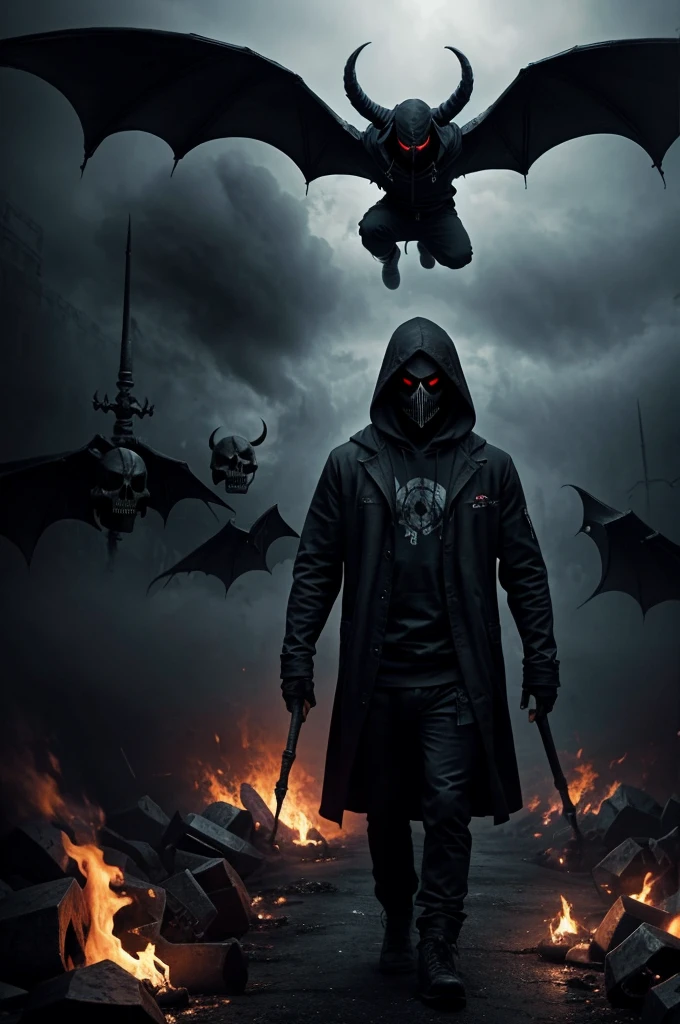 my fight against the demons from my past Surrounded by many demons from my past with the darkness and heavy fog and hellfire in the background How the many dementors try to steal my soul It is important that I am in the foreground and the demons follow me and try to surround me I am in a hacker outfit with a black hoodie and a mask that looks like a skull