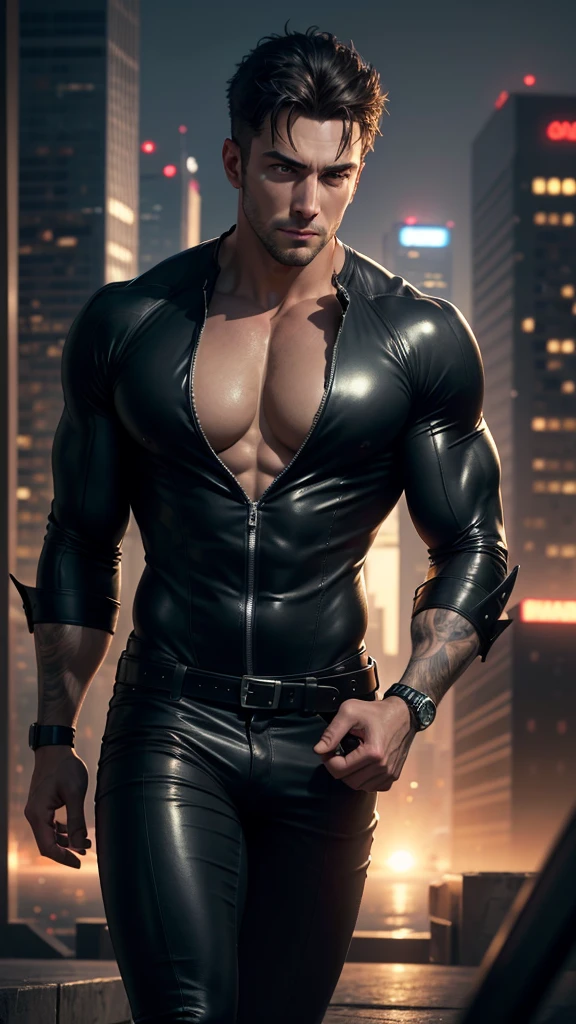 a handsome male spy in a tight black spy costume, highly detailed face, beautiful eyes, sharp facial features, big pectorals, muscular build, oppai, big chest, big pectorals, on top of a skyscraper, city skyline in the background, cyberpunk style, (best quality,4k,8k,highres,masterpiece:1.2),ultra-detailed,(realistic,photorealistic,photo-realistic:1.37),dramatic lighting,cinematic,photorealistic