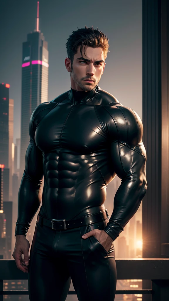 a handsome male spy in a tight black spy costume, highly detailed face, beautiful eyes, sharp facial features, big pectorals, muscular build, oppai, big chest, big pectorals, on top of a skyscraper, city skyline in the background, cyberpunk style, (best quality,4k,8k,highres,masterpiece:1.2),ultra-detailed,(realistic,photorealistic,photo-realistic:1.37),dramatic lighting,cinematic,photorealistic