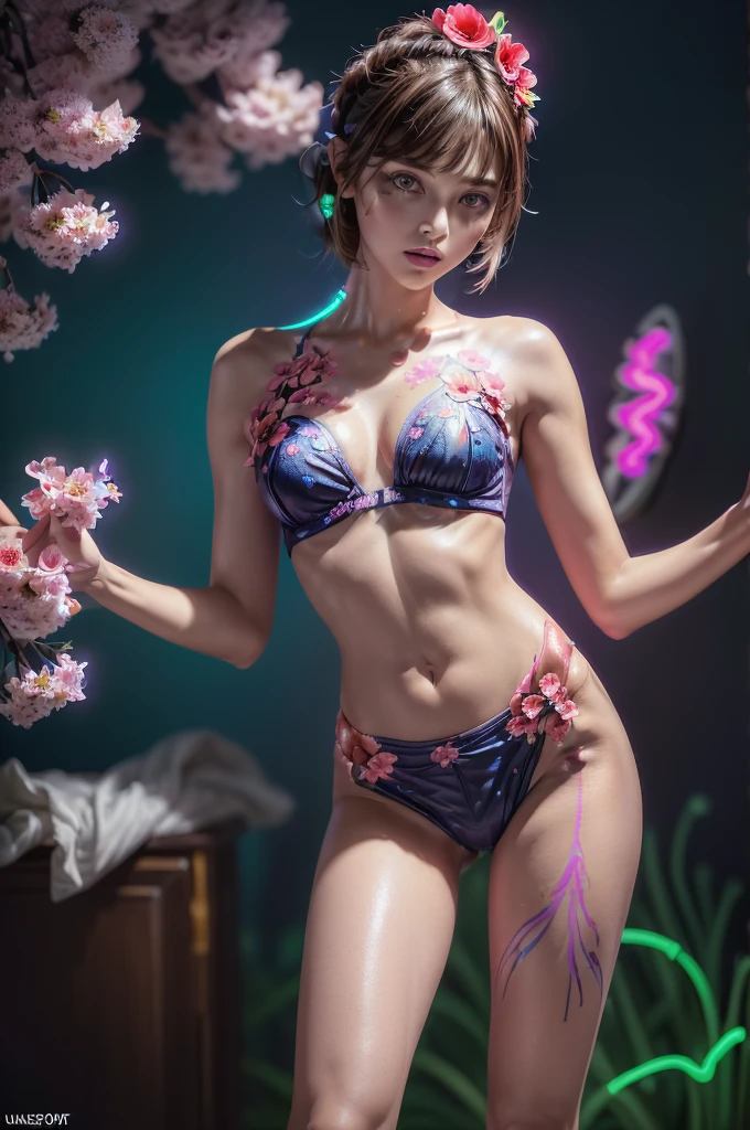 ((portrait of a girl in the dark, ultraviolet light on her:1.24)), ((Glowing 3D objects interact with graphics,Super detailed illustrations)),photorealistic Realism 8K, 16K Quality, fashion supermodel, (Glamour, paparazzi taking pictures of her), (ultra absurd quality, extremely detailed detail, hyper resolution, clear sharp focus, not blurry, (perfect round, Realistic brown eyes:1.25)), ((perfect dark_eyeshadows)), (super Detailed, beautiful little nose), (perfect composition), ((blue, red, pink, flower clusters: 1.44)), ((Beautiful girl with long legs and good style:1.2)), ((body shot to knees:1.3)),(dynamic pose:1.25),((Lively,Active,vivaciousness)),((no_Pantise)),(Erotic:1.33), (cowboy shot),((creative spring flowers uv portrait glowin neon body art painting:1.45)), ((fluorescent flower clusters printed on her skin: 1.45)), ((fluorescent paint whole body:1.4)), ((A model shows off glowing body paint covering her private parts in a vivid artistic display))),