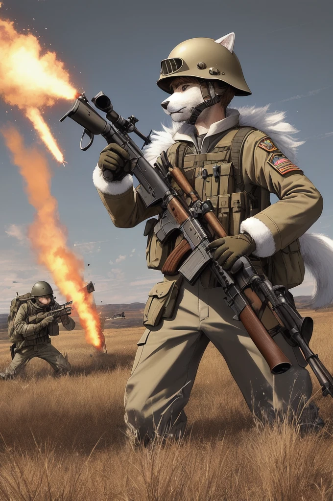(((best quality))), solo, (stand with rifle), (furry), young boy, cat ears, m1 helmet, ((white fur)), ((body fur)), (smooth fur), (ammo pounch), (khaki uniform), flat chest, fluffy tail, (on battlefield), m1 garand, fight, explosion, fully clothed