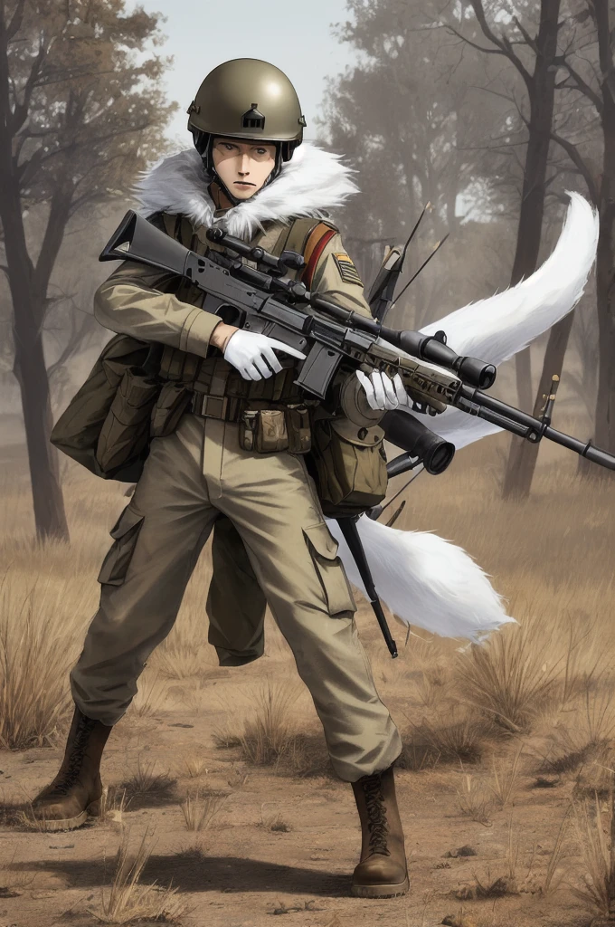 (((best quality))), solo, (stand with rifle), (furry), young boy, cat ears, m1 helmet, ((white fur)), ((body fur)), (smooth fur), (ammo pounch), (khaki uniform), flat chest, fluffy tail, (on battlefield), m1 garand, fight, explosion, fully clothed