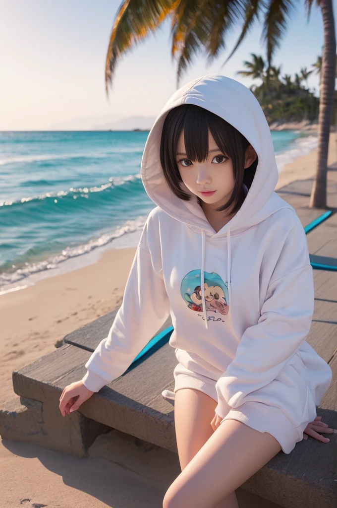 Anime girl in a hoodie and swimsuit,, Clear skies, Cute Animeの女の子, pixiv Contest Winner, Pixiv, coastal(Sandy Beach), Summer concept art, Cute artwork, Anime Moe Art Style, Splash Art Anime , Little Loliirl,hot summer, Cute Anime, Digital art on pixiv