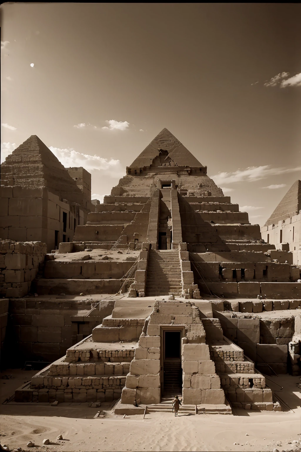 ultra realistic Sepia photo of a ancient egyption people building pyramids , old, texture, ancient,