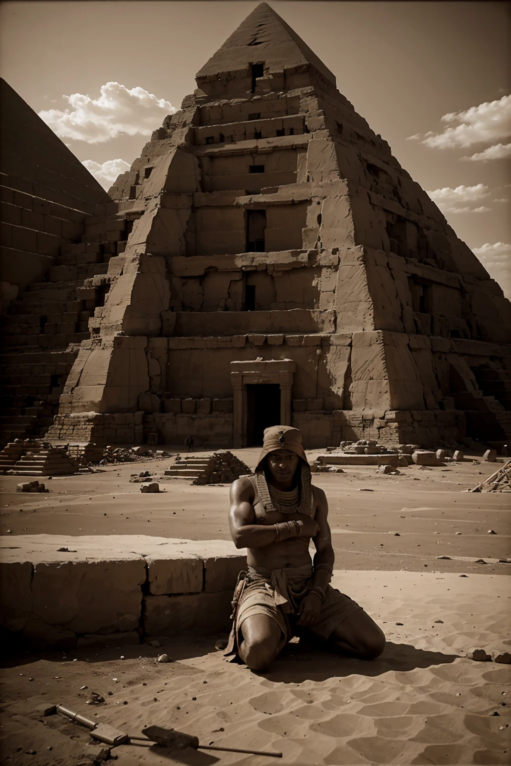 ultra realistic Sepia photo of a ancient egyption people building pyramids , old, texture, ancient,