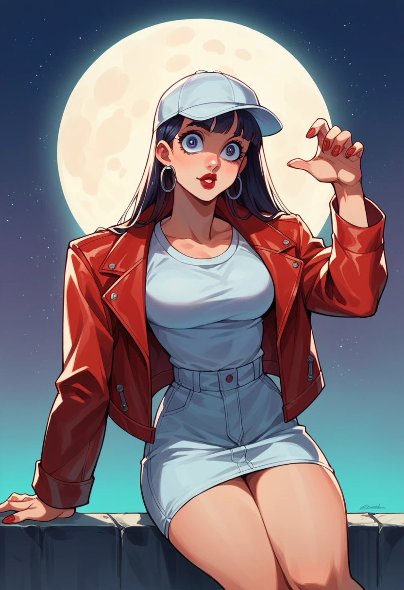 a suburban girl, white cap costume red leather jacket hair Carly hairstyle, big sweet eyes, lipstick on her lips, dynamic pose, sitting next to a 90s stereo, suburban São Paulo , full moon night.