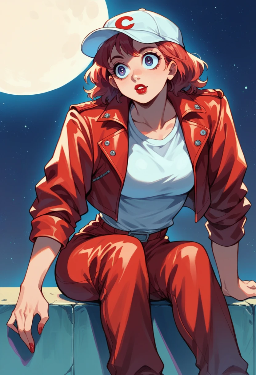 a suburban girl, white cap costume red leather jacket hair Carly hairstyle, big sweet eyes, lipstick on her lips, dynamic pose, sitting next to a 90s stereo, suburban São Paulo , full moon night.