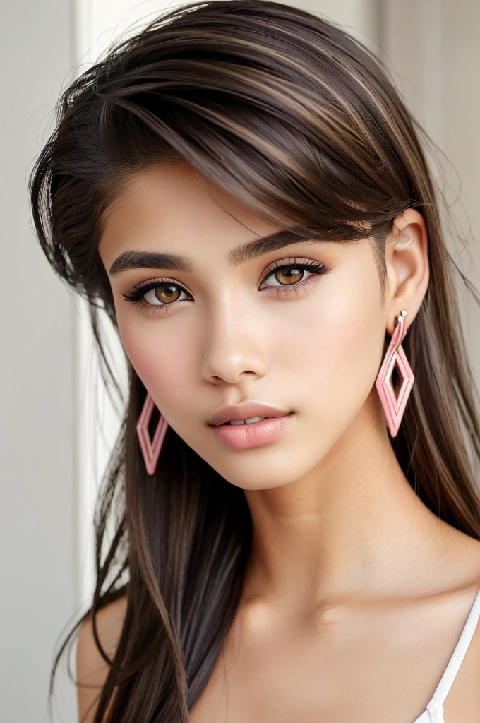 beautiful girl, brown_eyes, ((beautiful slim teenage girl 18 year old, hair color [Brown highlights hair], [undercut pixie] hair)), earrings, lips, realistic, narrow waist, charming, pink lipstick, colorful makeup, long eyelashes, earrings, wearing eyeliner, fair skin, (cute), (detailed face), detailed eyes, detailed iris