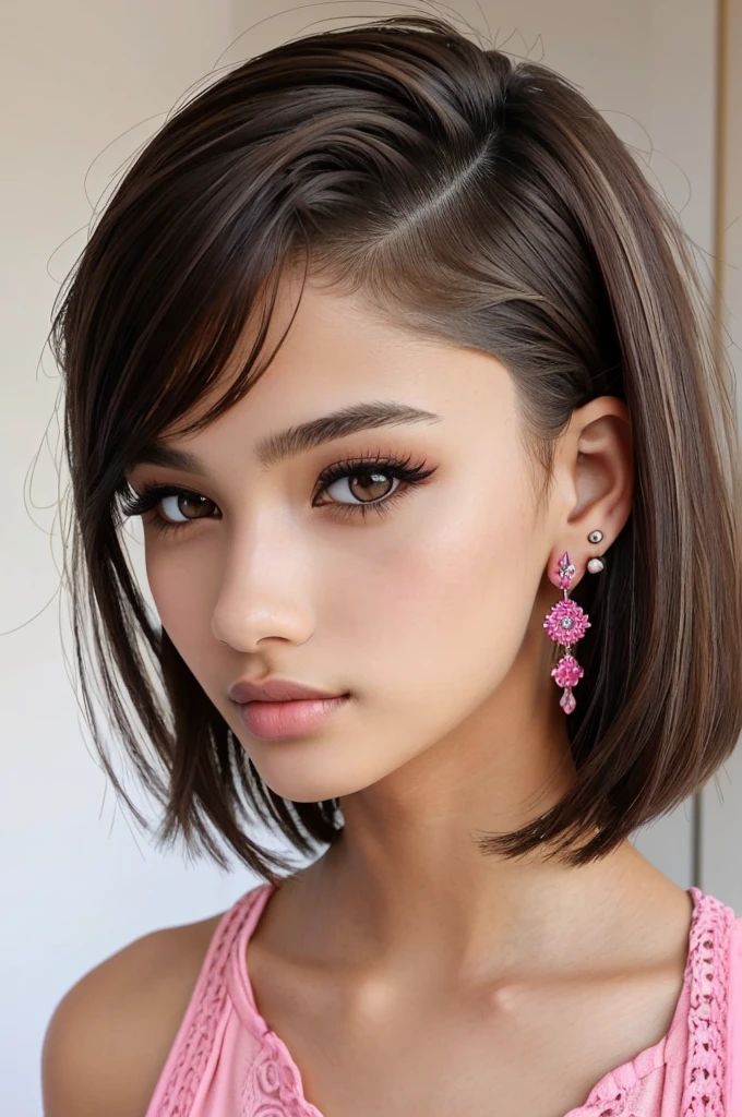 beautiful girl, brown_eyes, ((beautiful slim teenage girl 18 year old, hair color [Brown highlights hair], [undercut pixie] hair)), earrings, lips, realistic, narrow waist, charming, pink lipstick, colorful makeup, long eyelashes, earrings, wearing eyeliner, fair skin, (cute), (detailed face), detailed eyes, detailed iris