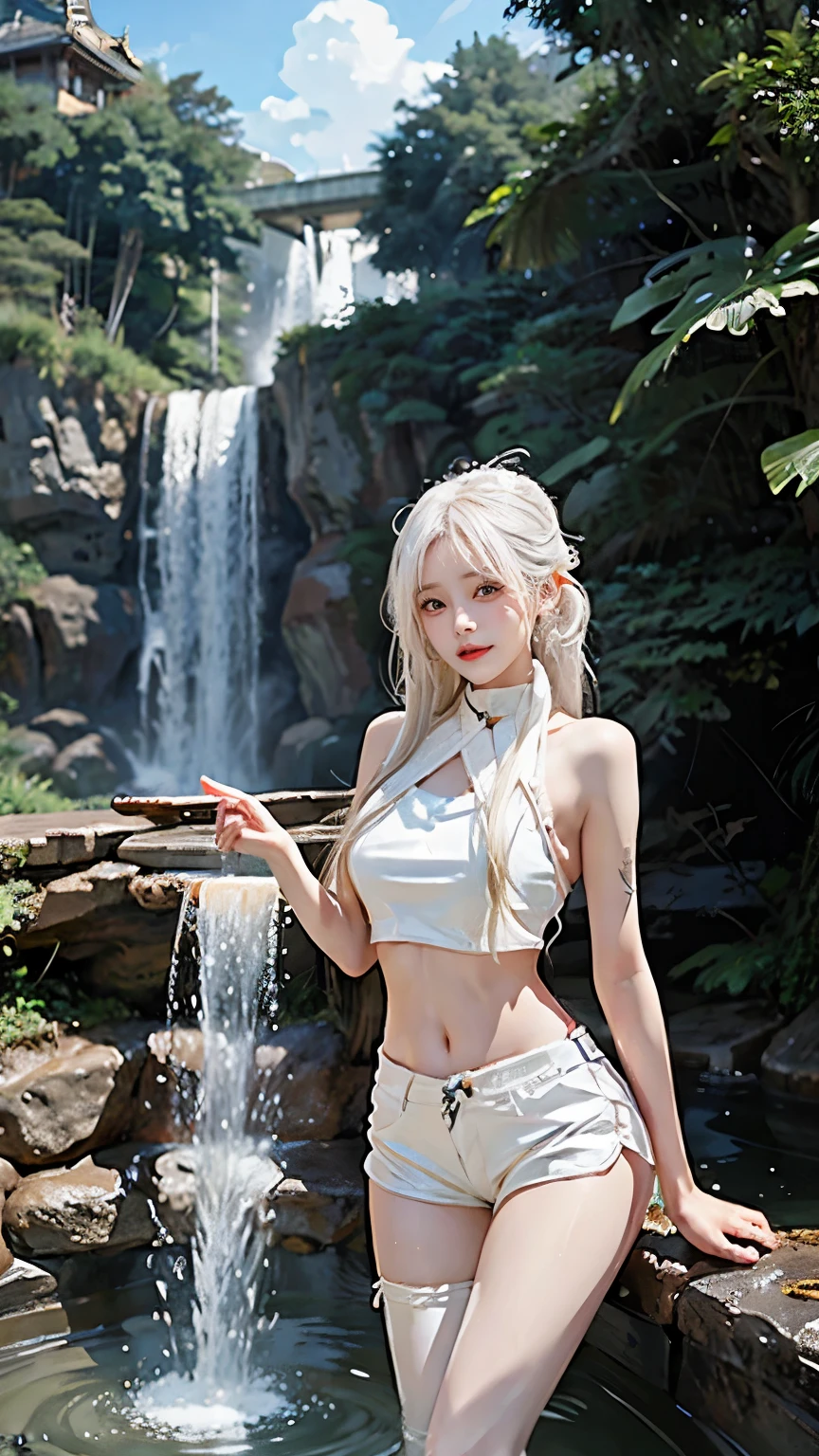 White Hair、Long Hair、Belly button、hot pants、Outdoor、In front of the waterfall、Waterfall basin、Shorts