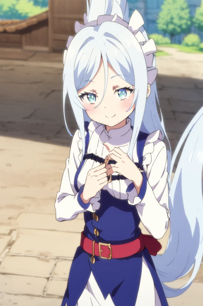 Sylpha, One girl, Long Hair, chest, smile, blue eyes, dress, Braiding, Gray Hair, Outdoor, null, Focus Only, Day, belt, black belt,