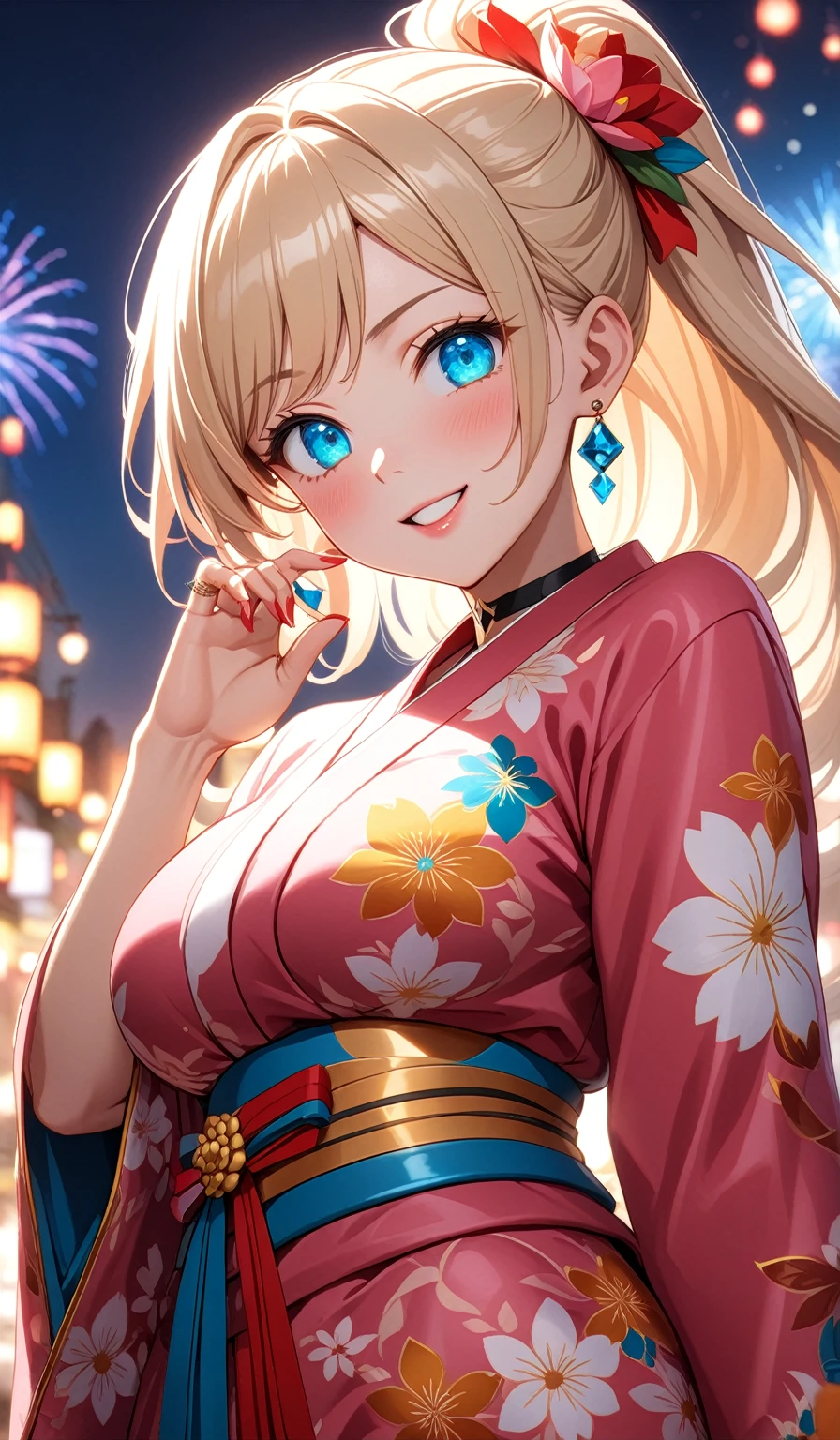 ((One personの女性)), Beautiful Face, ((Laughing embarrassedly)), (laugh),((Wink:1.7)),((waving at viewer)), (head tilt:1.3), Laugh with your mouth wide open,((Bright red cheeks:1.4)),Shiny red lips,night,横浜みなとみらいのnight景, firework,Laughing with your mouth open,Glossy pink lips,Facial lighting,((Anime style background)),masterpiece, Highest quality, so beautiful,up to date, Complex details, (Pink long nails),(ring),(bracelet),(choker),AI-generated, Complex,High resolution, Highest quality, super high quality,3D Images、3D Images,One person,Long blonde hair,High Ponytail,(turquoise blue eyes),Anime woman posing for a photo, ((Fine grain、Colorful eyes、Shining Eyes:1.3)),(Squint your eyes:1.1),a hyperRealistic , hyperRealistic , Realistic,Anime woman with long white hair, Smooth anime CG art, A woman in a colorful kimono with gold embroidery, (Pink long sleeve kimono),Red floral pattern,Long flower hair ornament,Earrings,Mature Body,(Big Breasts:1.1),Tall,Abdominal muscles,Tight waist,(Zoom up to face:1.6),(front view),