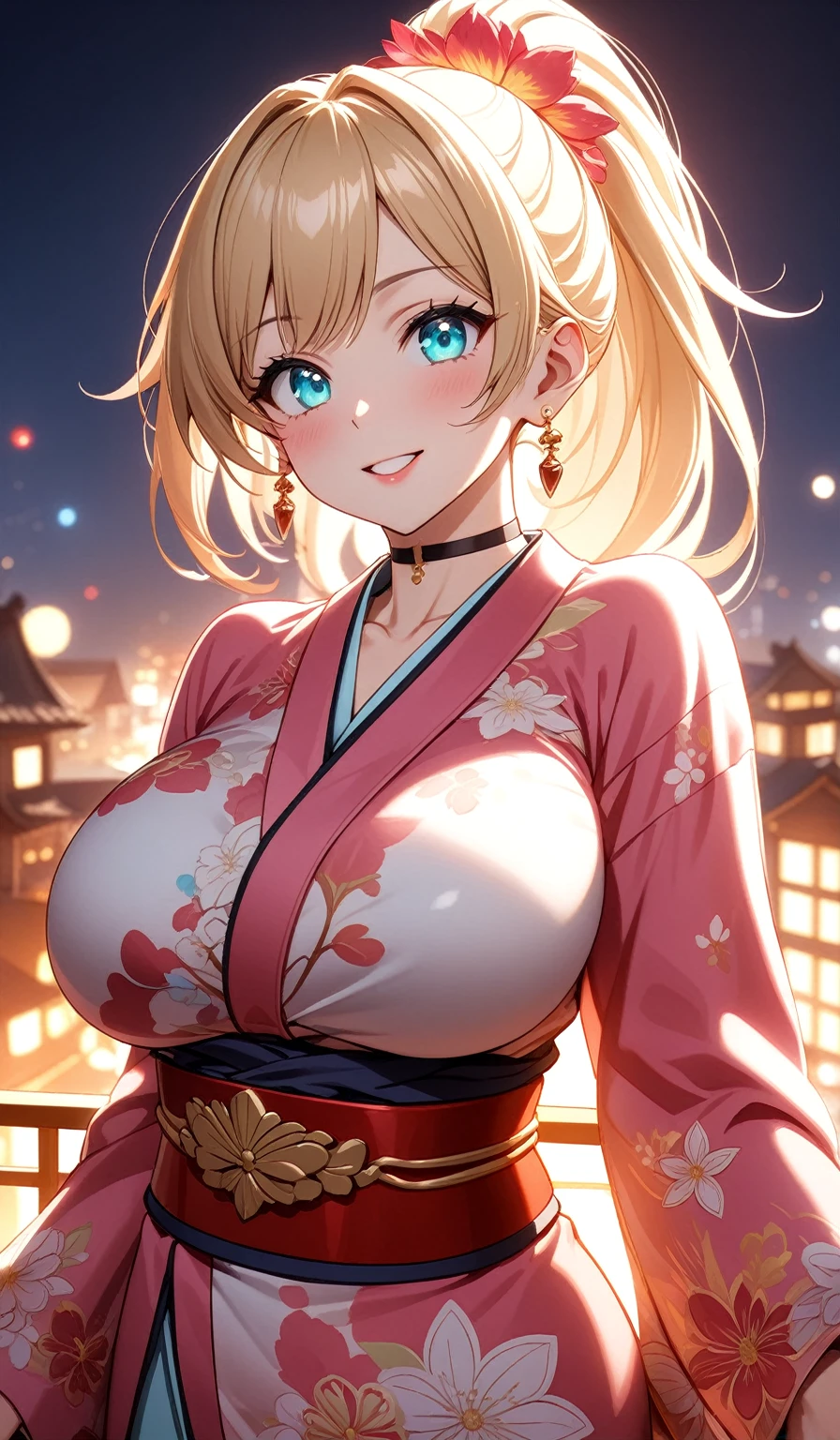 ((One personの女性)), Beautiful Face, ((Laughing embarrassedly)), (laugh),((Wink:1.7)),((waving at viewer)), (head tilt:1.3), Laugh with your mouth wide open,((Bright red cheeks:1.4)),Shiny red lips,night,横浜みなとみらいのnight景, firework,Laughing with your mouth open,Glossy pink lips,Facial lighting,((Anime style background)),masterpiece, Highest quality, so beautiful,up to date, Complex details, (Pink long nails),(ring),(bracelet),(choker),AI-generated, Complex,High resolution, Highest quality, super high quality,3D Images、3D Images,One person,Long blonde hair,High Ponytail,(turquoise blue eyes),Anime woman posing for a photo, ((Fine grain、Colorful eyes、Shining Eyes:1.3)),(Squint your eyes:1.1),a hyperRealistic , hyperRealistic , Realistic,Anime woman with long white hair, Smooth anime CG art, A woman in a colorful kimono with gold embroidery, (Pink long sleeve kimono),Red floral pattern,Long flower hair ornament,Earrings,Mature Body,(Big Breasts:1.1),Tall,Abdominal muscles,Tight waist,(Zoom up to face:1.6),(front view),
