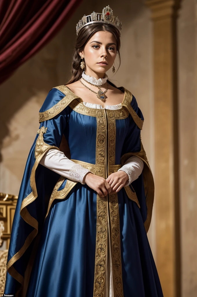 "Isabel es recordada tanto por sus logros en la unificación de España como por las controversias de su reinado."
Prompt: Characters: Isabel la Católica, Description: Portrait-like image with a balanced expression, Era: Late 15th century, Clothing: Regal attire with crown, Setting: Neutral background with faded symbols of Spain, Background action: Subtle symbols representing her reign, Shot type: Medium shot, Style