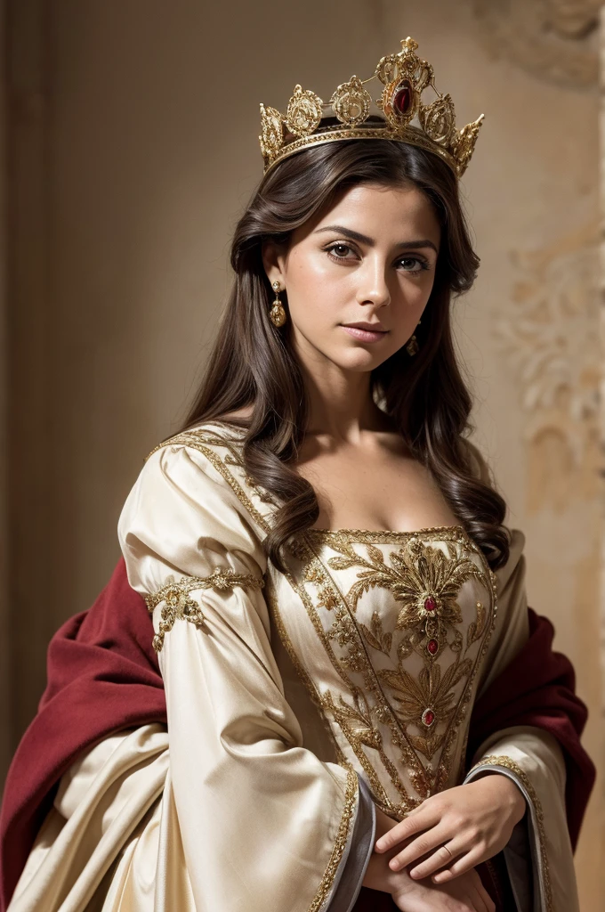 "Isabel es recordada tanto por sus logros en la unificación de España como por las controversias de su reinado."
Prompt: Characters: Isabel la Católica, Description: Portrait-like image with a balanced expression, Era: Late 15th century, Clothing: Regal attire with crown, Setting: Neutral background with faded symbols of Spain, Background action: Subtle symbols representing her reign, Shot type: Medium shot, Style