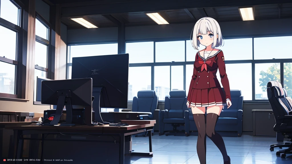 1 beautiful girl, great image quality with lots of detail, ray tracing, in a navy sailor , long stockings, blue eyes, white hair, , in a neon room, PC gaming, perfect anatomy, full body.