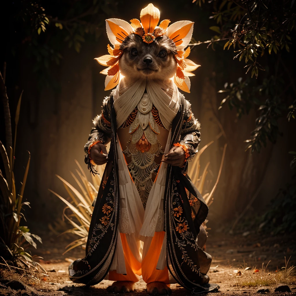Think of a creature from the mystical world! It looks so beautiful. Amazingly glowing. This creature is incredible (adorable), Intricately detailed, The creature holding a bunch of Daisy. Make sure full body in in frame. White and black and red color combinations. The orange colour on creature is glowing. Portrait.