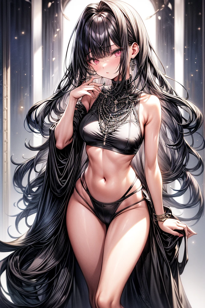 masterpiece, best quality, high-resolution, finely detailed, extremely detailed and beautiful, distinct image, 1 girl, solo, beautiful young age girl, 13 ynned white skin, long loose and flowing silky negligee sleepwear, short shoulder length hair, sleek dark violet-black hair, Pixie cut hair, big round velvet colored eyes, fringe bangs over forehead, oval shaped face, sharp facial features, high-bridged nose, full cherry pink lips. medium height(172cm). D-cup breasts, small narrow waist. small delicate curvy hips, smooth silky thick thighs, large round ass, hourglass figure, slender and slim build with a toned and fit physique, 4 pack toned stomach, standing upright, full body picture, hip-level shot. classy and opulent bedroom setting