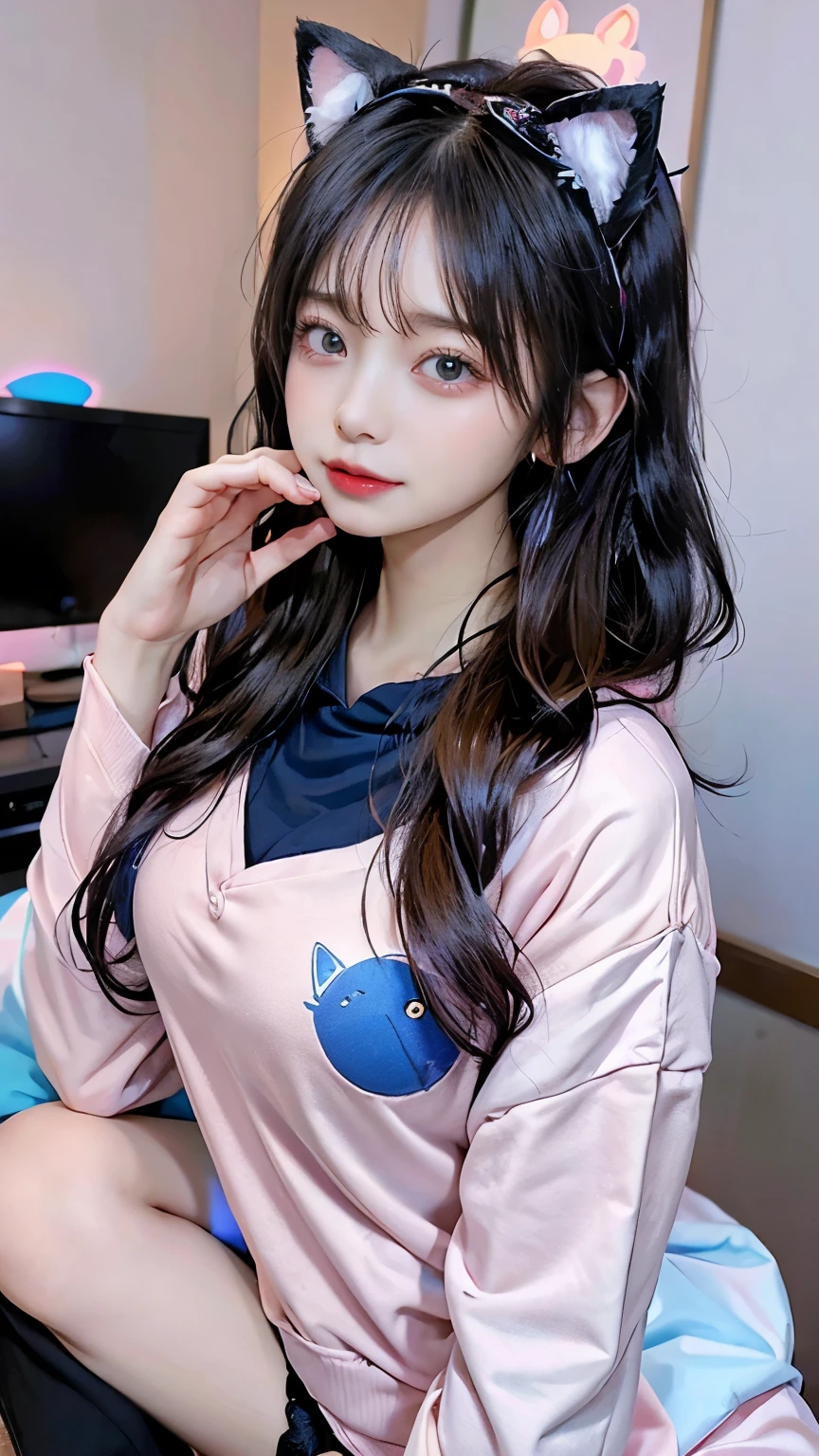 /imagine a beautiful anime girl live streaming from her room, with long black hair, big blue eyes, wearing a pink hoodie and a cute headset with cat ears, sitting in front of a modern computer setup with colorful LED lights, surrounded by plushies and posters on the wall, smiling and engaging with her audience, bright and cheerful atmosphere
