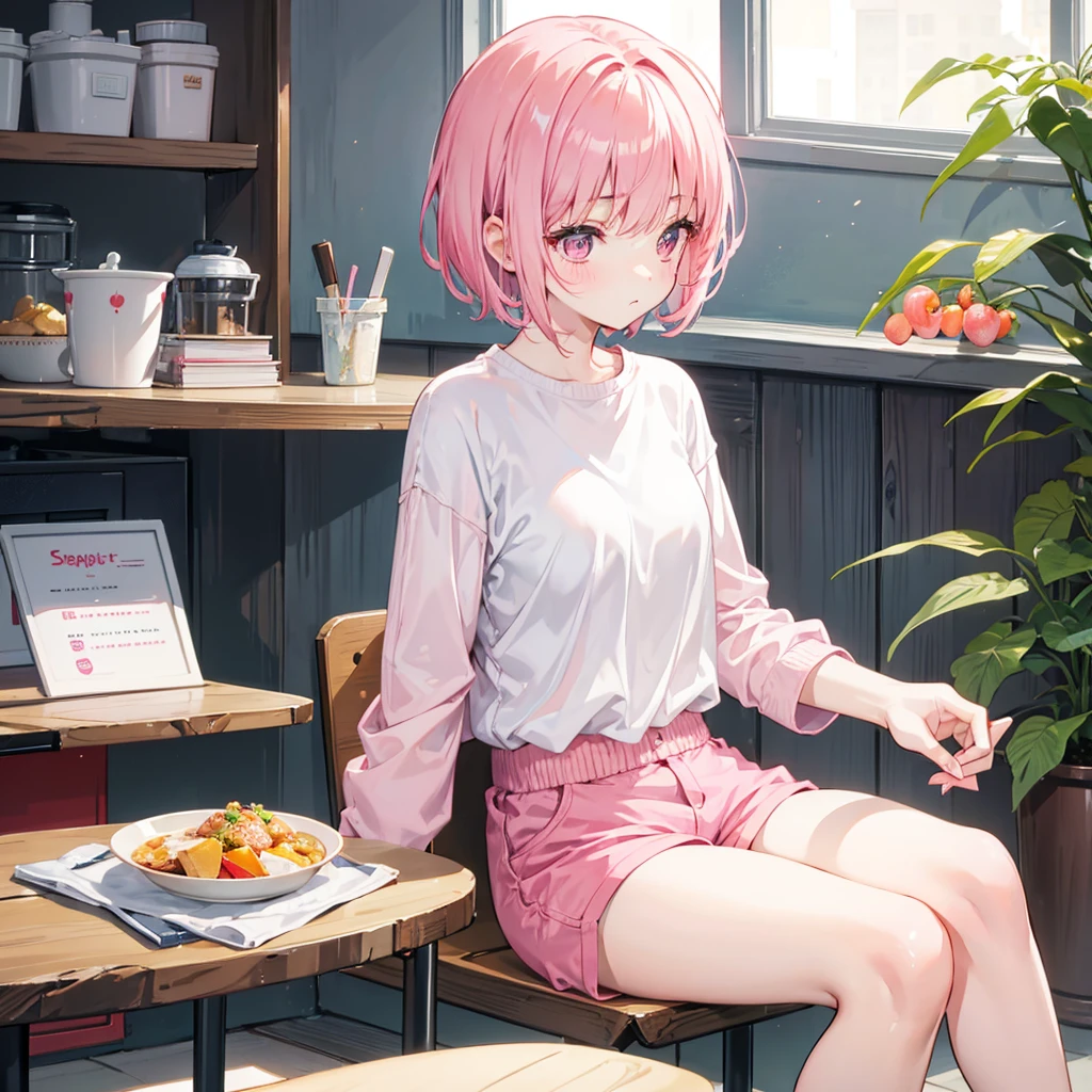 cute girl with short pink hair with bangs, wearing white shirt and pink shorts,looking away,is sitting in a chair facing a table in a kitchen,eating breakfast,using her cell phone,8k