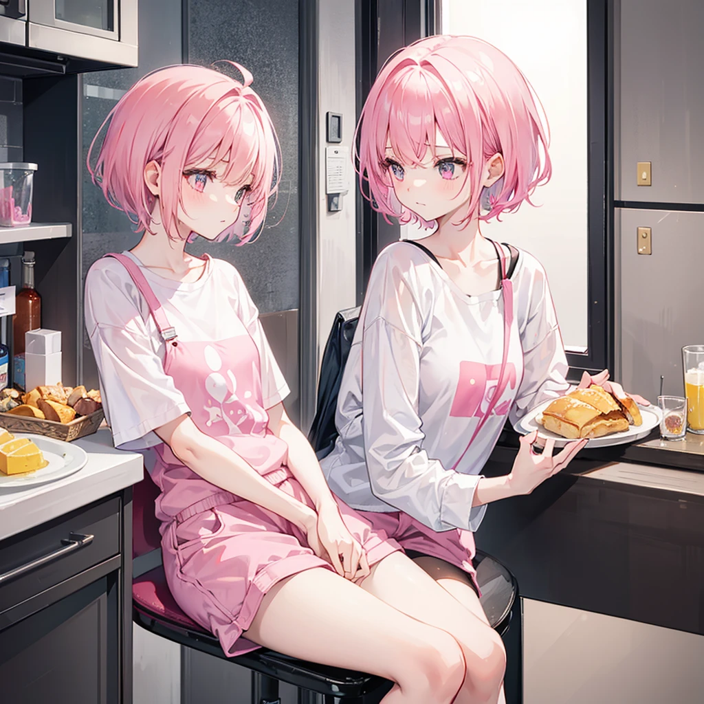 cute girl with short pink hair with bangs, wearing white shirt and pink shorts,looking away,is sitting in a chair facing a table in a kitchen,eating breakfast,using her cell phone,8k