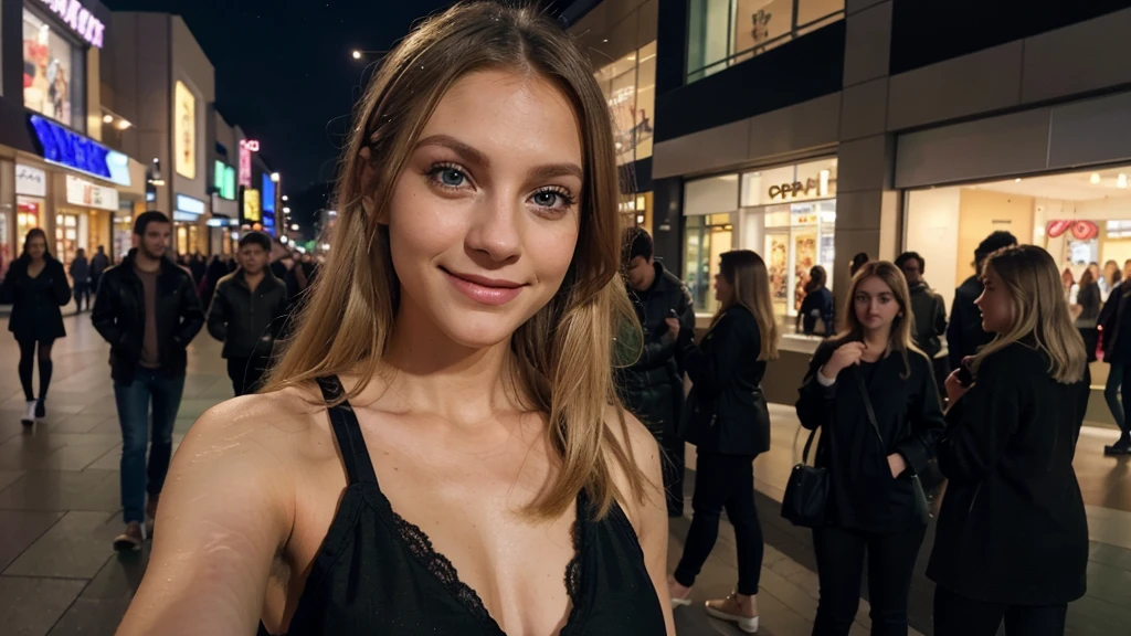 Lily Bowman), posing, modeling, with dark purple casual outfit design, full body, mall, in the night, sexy smile, best quality, blur night background with Green Eyes, , Ultra Realistic, Meticulously Detailed, Portrait, Blonde Hair and Big Eyes, Selfie of a Young Woman, Green Eyes, No Makeup, Natural Makeup, Looking Directly at the Camera, face artgram, subtle make-up, Impressive photo, stand, with sexy smile, Medium and large size chest, allowing the face to be seen clearly, mall, night