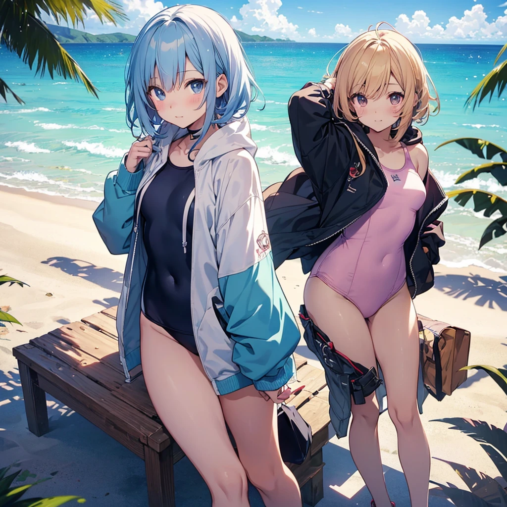 Anime girl in a hoodie and swimsuit,, Clear skies, Cute Animeの女の子, pixiv Contest Winner, Pixiv, coastal(Sandy Beach), Summer concept art, Cute artwork, Anime Moe Art Style, Splash Art Anime Loli, Little Lolita Girl,hot summer, Cute Anime, Digital art on pixiv
