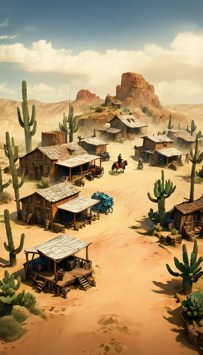 a detailed illustration of a town in the wild west, 1 cowboy, desert landscape, adobe buildings, dirt roads, wooden saloon, horses, cacti, blue sky, warm lighting, highly detailed, photorealistic, 8k, masterpiece, concept art