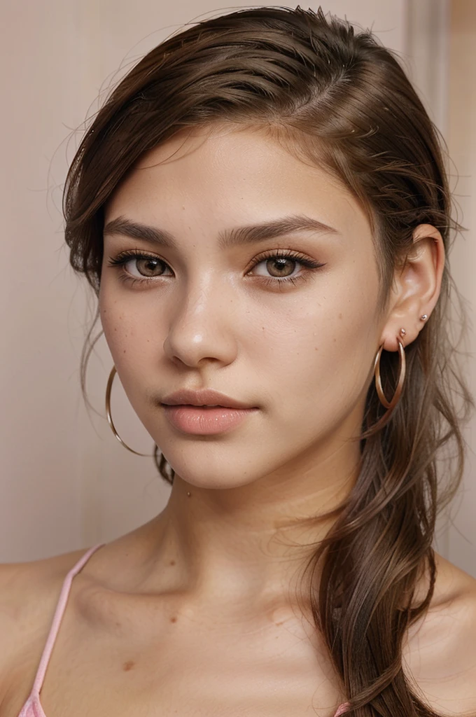 beautiful girl, brown_eyes, ((beautiful slim teenage girl 18 year old, hair color [Brown highlights hair], [undercut pixie] hair)), earrings, lips, realistic, narrow waist, charming, pink lipstick, colorful makeup, long eyelashes, earrings, wearing eyeliner, fair skin, (cute), (detailed face), detailed eyes, detailed iris