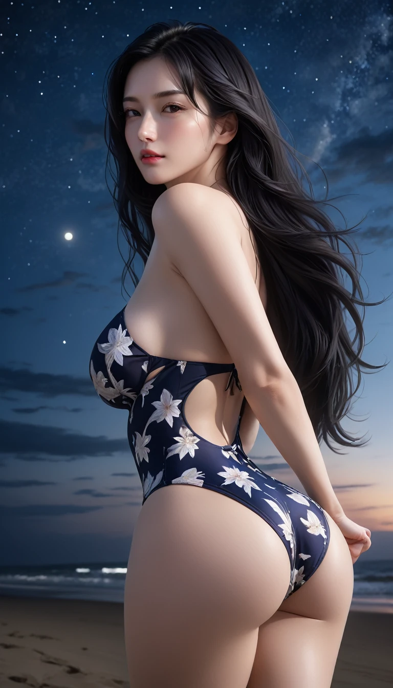 4K resolution, 8K resolution, beautiful, Highest quality, Absolutely wonderful, Very detailed, Ultra-high resolution, masterpiece, RAW Photos, Realistic, Depth of written boundary, Cinematic Light,
One elegant mature woman,
Long black hair, 精巧なディテールのbeautiful顔, A calm and loving face, Transparent white skin, Very sensitive skin, Great proportions, Glamorous Body, Anatomically correct body,
High leg swimsuit, Summery design, Beautifully detailed pattern, Detailed cloth texture,
(Night sky background:1.1), (Dark sandy beach at night:1.1),
Cinematic Angle,