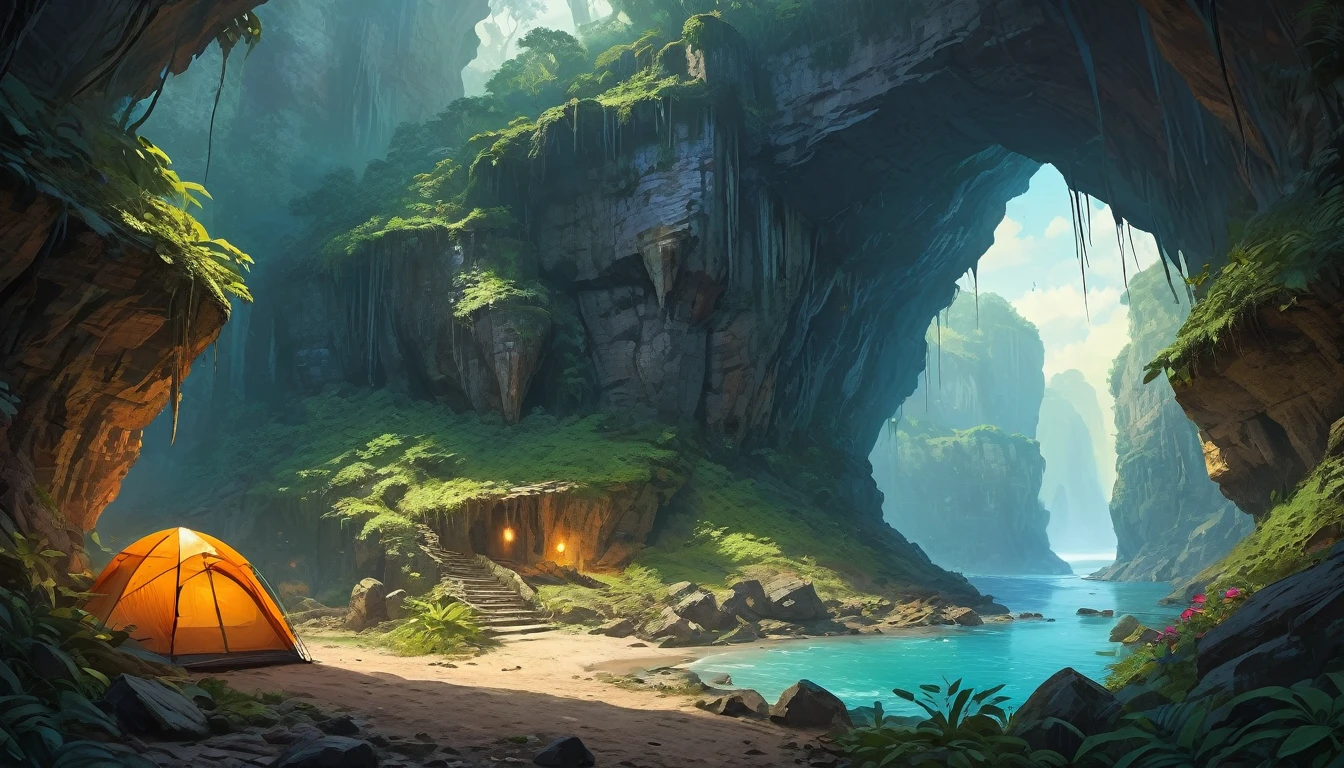 (by Greg Rutkowski: 1.2), (masterpiece), (best quality) neutral campsite under the cliff with trees, deep jungle area, neutral camp, cliff, extremely delicate and beautiful, illustration, vibrant colors, (fantasy landscape), A mesmerizing fantasy with enchanting elements blending seamlessly. (an entrance to a monster liar, rocky cave, haunting atmosphere, mysterious, dark hue, bones scattered)