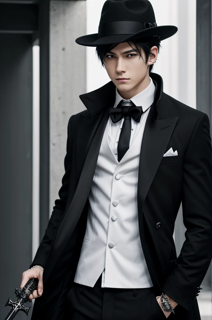 an anime boy, that has white skin, have a white shirt, with a black tie and a black coat, that has a dominant and cold look, who has a black hat and piercing with a satanic cross, that he has spiked bracelets and behind him he has weapons