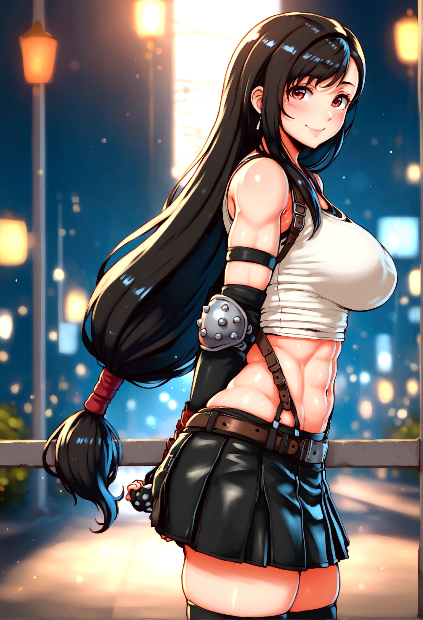 score_9, score_8_up, score_7_up,score_6, score_5,4k,BREAK , (from side.from front,breast focus,standing,straight-on,(arms in sides,skirtlift),,(upperbody),looking_at_viewer ,1girl, tifa lockhart, final fantasy, tareme,black hair, low-tied long hair, red eyes, bangs, (white tank top, belt, pleated skirt, thighhighs, elbow fingerless gloves, elbow pads, midriff, navel,suspender skirt) ,large_breasts,(light smile),Curvy waist,,Solo,,(daytime and beachside and city),detailed skin,(best quality),(aesthetic,very aesthetic),UHD,HDR,intricate detailed,anime,highly detailed,sharp focus,depth of field,,professional lighting,cinematic lighting, ,