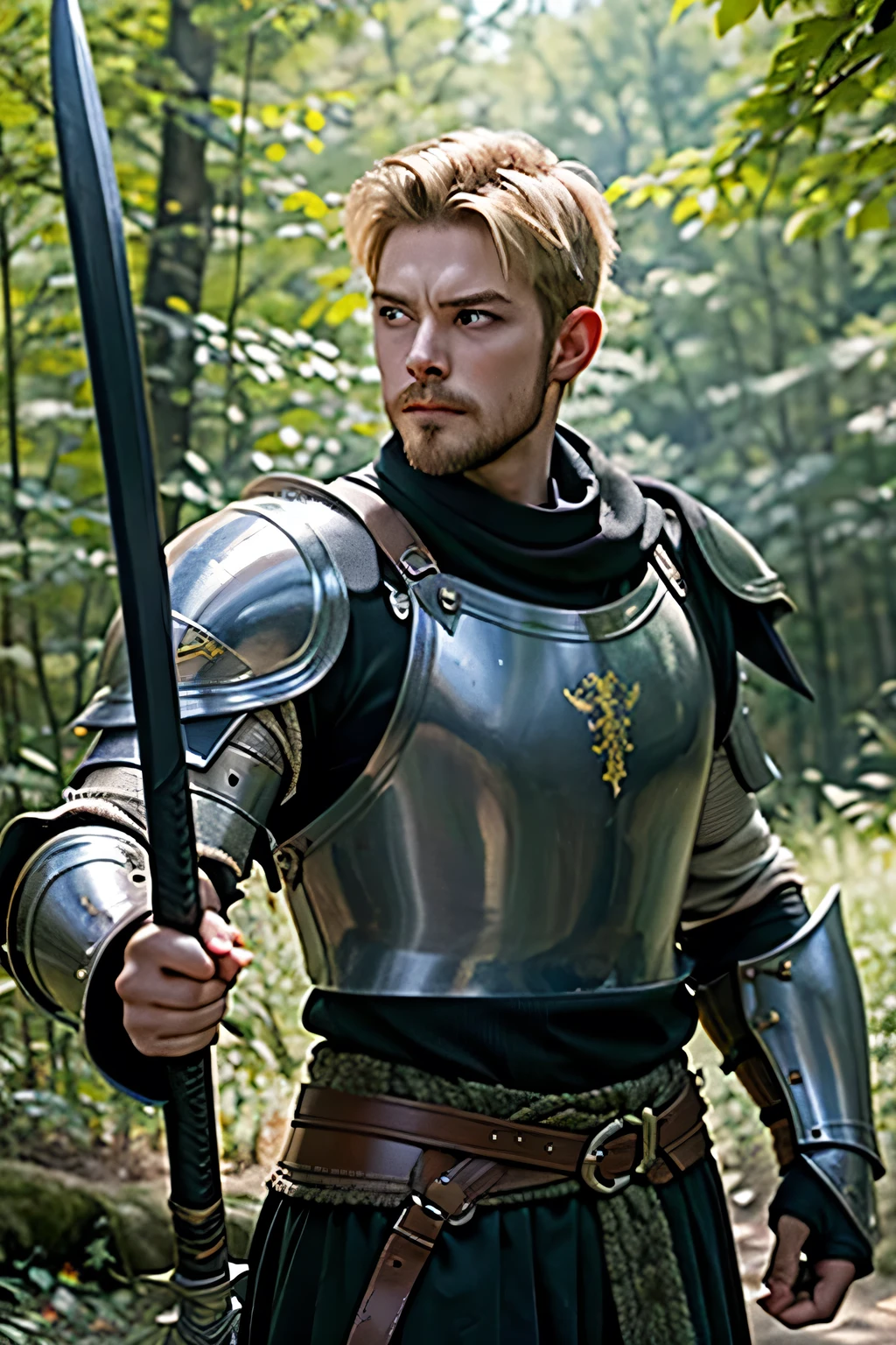 A fierce 26 year old warrior man, green eyes, short blonde hair, mustache. Strong muscles, dressed in medieval armor and wielding a formidable weapon, showing his warrior spirit. In the background a beautiful forest, HD, 8KA fierce 26 year old warrior man, green eyes, short blonde hair, mustache. Strong muscles, dressed in medieval armor and wielding a formidable weapon, showing his warrior spirit. In the background a beautiful forest, HD, 8K