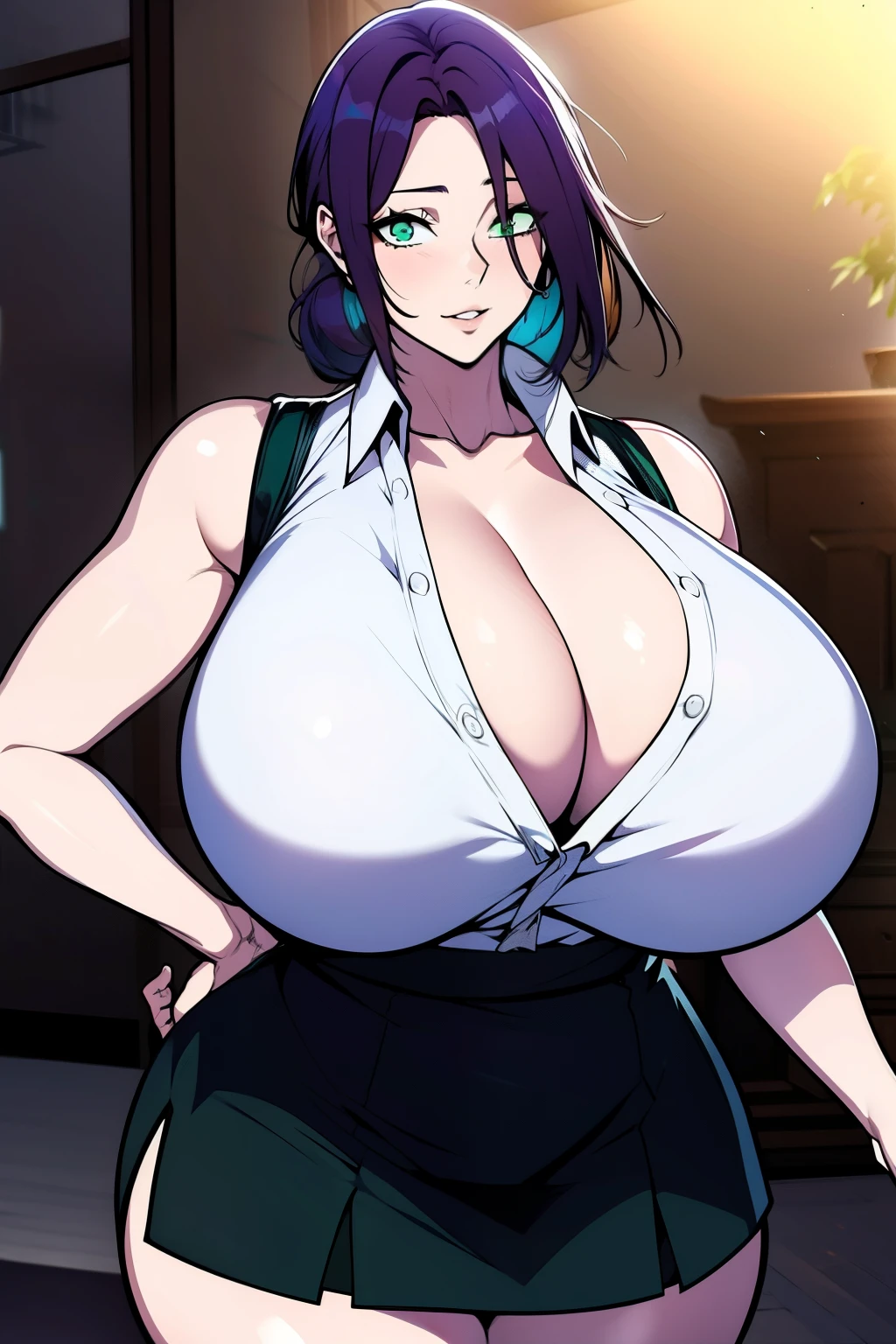 An anime-style artwork depicting Reze from the anime chainsaw man.
Tags: Reze, anime, detailed eyes, detailed lips, white shirt, collared shirt, sleeveless, ribbon, black miniskirt, cleavage, smiling expression, intense gaze, dynamic pose, indoor, palace, vibrant colors, digital art, high-resolution, professional quality, gigantic breasts, curvy, cowboy shot, (gigantic breasts: 1.4), (green eyes:1.1), (purplish blue hair)