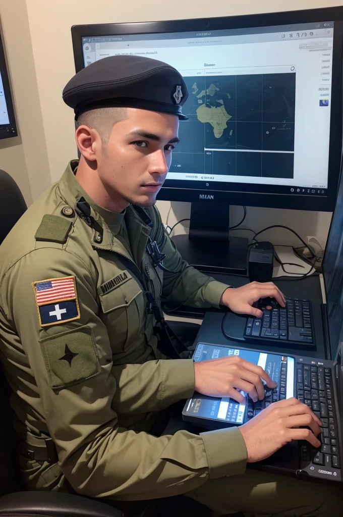 Man playing a military game on the computer, he is a christian with the bible by his side