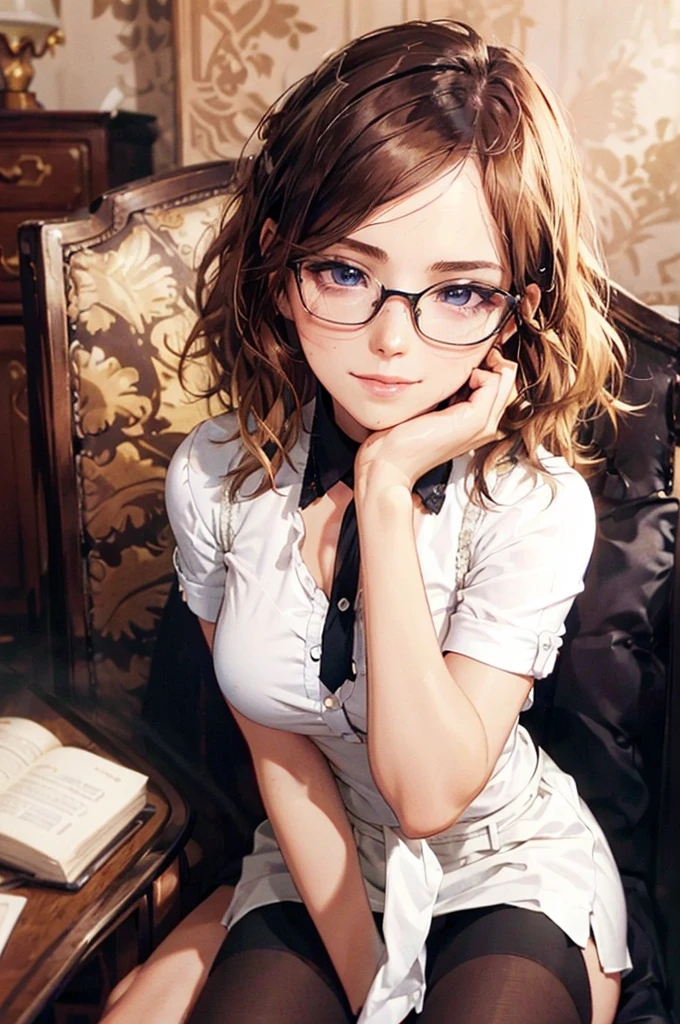 Masterpiece, 最high quality, high quality, High resolution, high quality texture, high quality shadows, High resolution, Beautiful details, Detailed CG, Detailed Texture, Realistic representation of face, Realistic, colorful, delicate, Cinematic Light, Side light, Lens flare, Ray Tracing, sharp concentrated, (1 Girl,concentrated:1.3), ( Intricate details, compensate, PureErosFaceV1:0.5), (細部まで美しいdelicateな顔, 緻密で美しいdelicateな瞳, Perfect Facial Proportions, Dense skin, Optimal ratio of four fingers to one thumb,Unified 8k wallpaper, Arms under chest, Modest chest, Wide Hips, Smooth upper abdomen, 35 years old, blue eyes, glasses, air fortress hair, blonde hair, house wife, the gaze of true love, lips of temptation, A look full of compassion ,a smile full of love, i love you, Acting lovey-dovey, I love you so much I'm crazy,

cabin attendant uniform,white blouse with open neck ,tight fitting black skirt,black stockings, excellent secretary ,working as a secretary, wooden desk, wooden chair,
