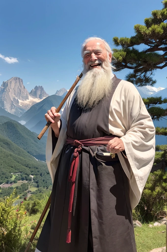 ((One male))、elder、Immortal、One elderly man、Long beard、Chinese、Cane in one hand、Full body portrait、Misty Mountains、laughing、White kimono