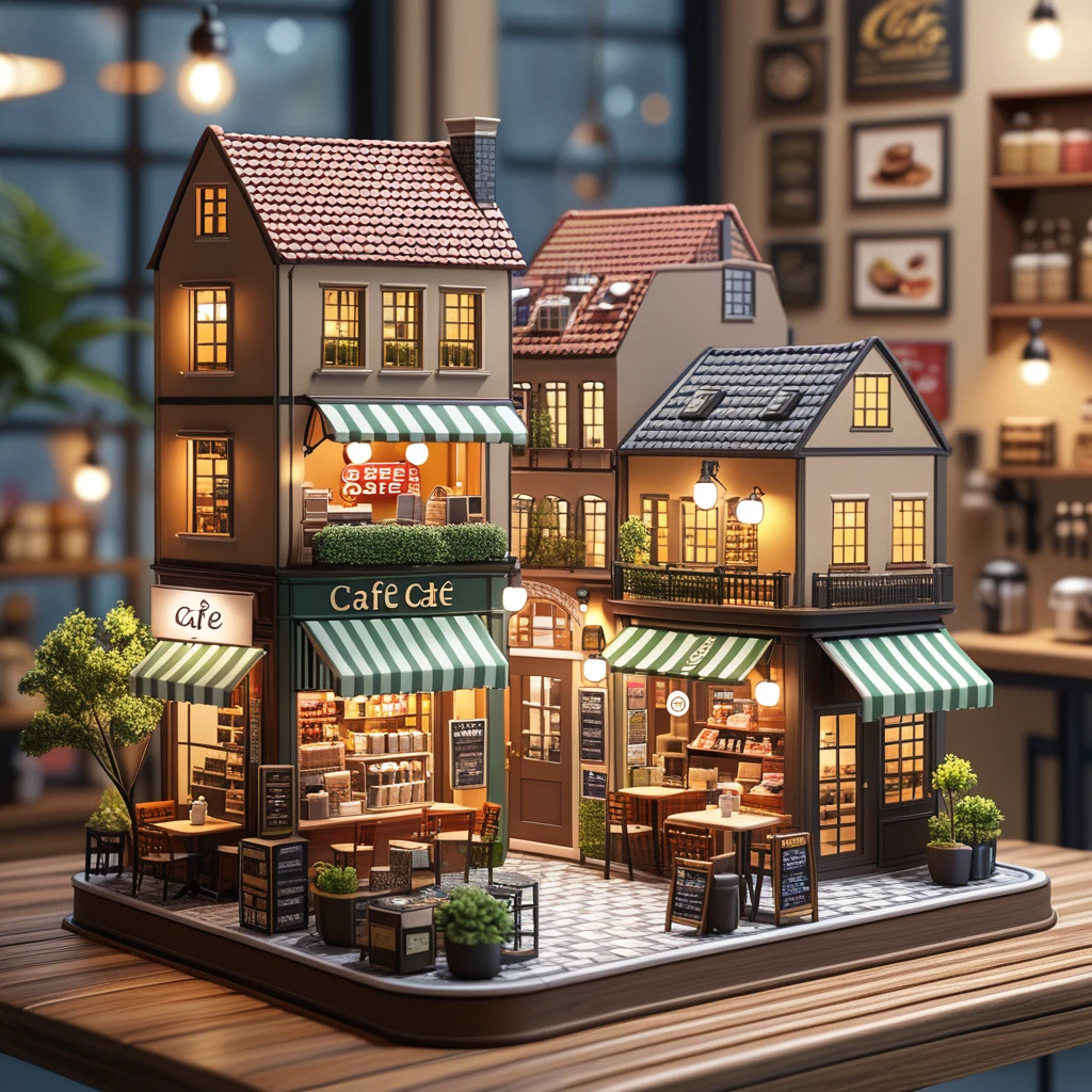 There is a miniature model of a pc shop,Highly detailed visual espresso, stylized 3d render, hyper detailed 3d render, hyper detailed 3d render, 3 d stylize scene, hyper detailed scene, 3 d render stylized, highly detailed scenario, highly detailed 3d render, highly detailed 3d render, miniature cafe diorama