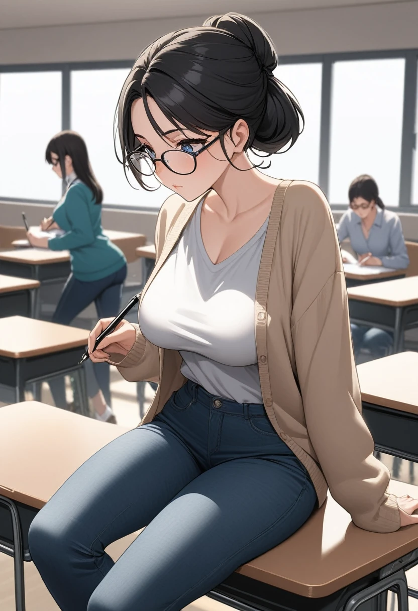 Adult female, highly detailed, glasses, short and messy black hair tied back, blue eyes with black pupils, focused, college classroom, cardigan, jeans, perfect eyes, expressive eyes, high quality, best quality, walking, busty, sitting, writing, extremely focused