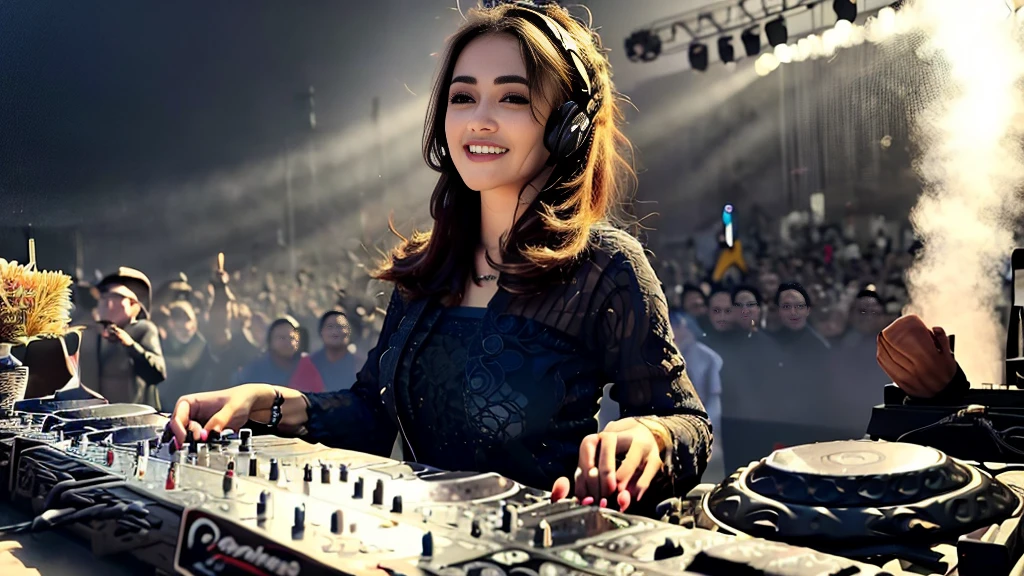 (ultra - detailed, 16K resolution, Cinema lenses, rendering by octane), (high resolution:1.18), intricate detail, (masterpiece:1.1), (highest quality:1.1), (1girl, portrait, white hair, blue eyes, short hair, detailed eyes),Wearing silver DJ headphones, 1 malay-Indonesian girl, modern plain hot deep neck top and dupatta, shy, medium portrait, watery eyes, wearing blue dark green kebaya, ((big breasts)), black bokeh background, well-proportioned body,, chubby massive thighs, full body pose, Hena art on the body, hena art on arms, full body view , wearing red sneakers , Smile while DJing on stage, full body shot of, The spotlight shines on the female DJ. Photorealistic photography by Disco Lighting, (cute round face:1.3),big breast, bigtit,perfect fingers, five fingers, beautiful hands, perfect hands. master peace, cute smile.