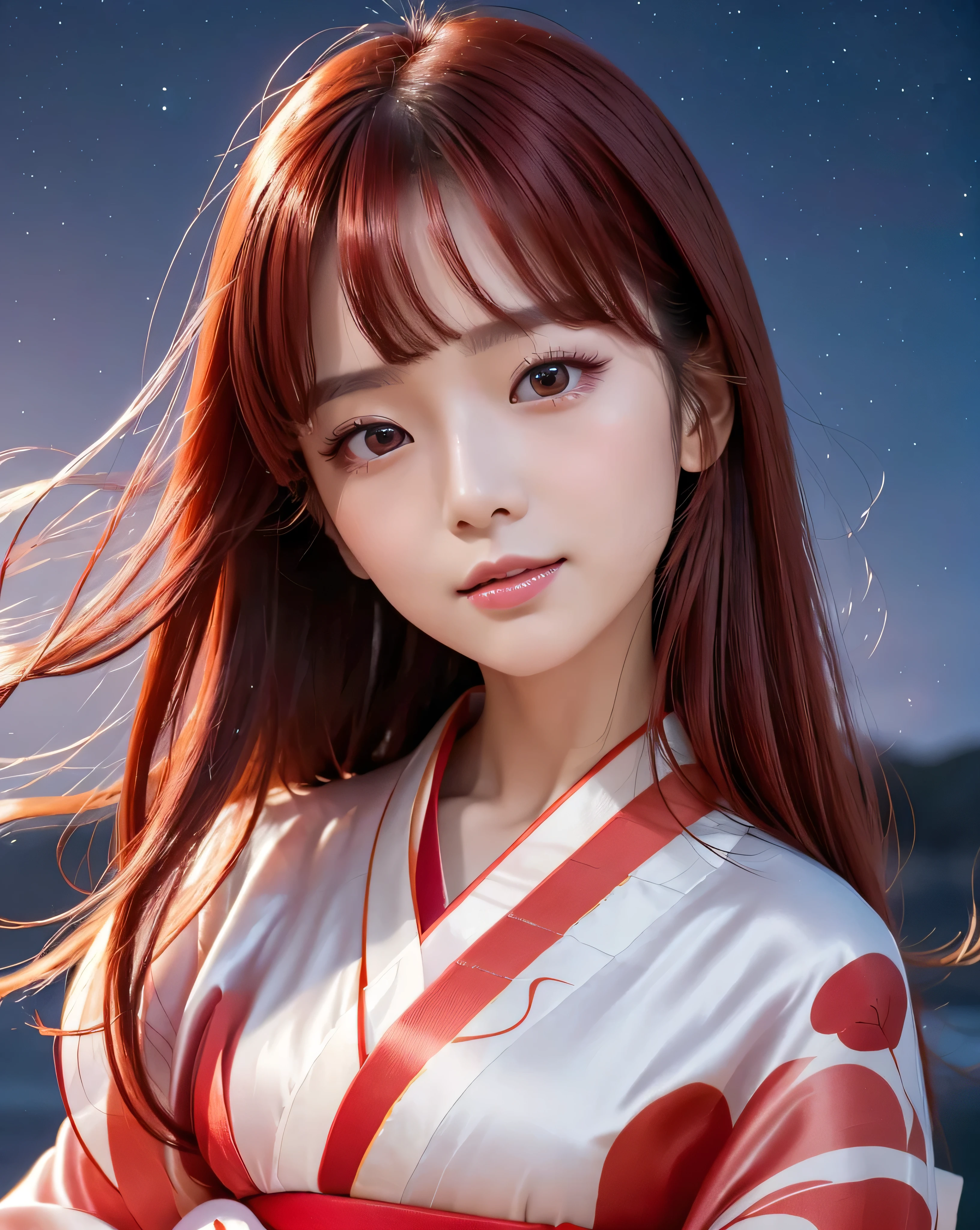 (Highest quality, 32k, High resolution, Masterpiece:1.5, ), marimo_jet, god々A photograph with brilliant dazzling and healing power., Evoking a sense of calm and elusive beauty, Expressing emotions, Have a rich imagination,Beautiful Japanese Girls, ((Shooting from the side:1.5)), An exceptionally beautiful face, Small Face Beauty, Perfect Human Anatomy, Magical big eyes, Motherhood and generosity, Deep Love, fleeting smile, ((shiny red hair:1.1)), ((Super Long Straight Silk Hair)), Asymmetrical bangs, Hair between the eyes, Transparent, soft white skin, Sharp eyebrows, Thin lashes, Natural Makeup, Cheek highlighter, Pale pink detailed lips, , ((red kimono:1.5)), Slim figure with ample breasts, ((Detailed night sky background:1.3)), , Professional Lighting,Photographer, Professional models, God&#39;s Secret