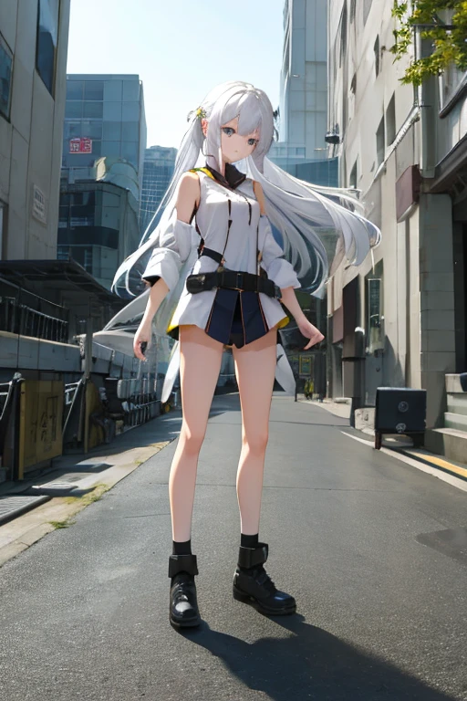 White Hair Girl。A right arm and a left arm machine are floating around the body.。